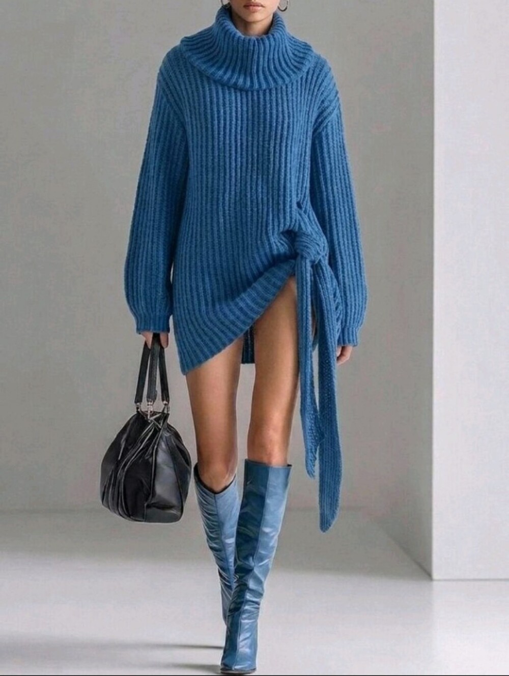 Women's Autumn/Winter High Neck Klein Blue Side Knot Knit Dress